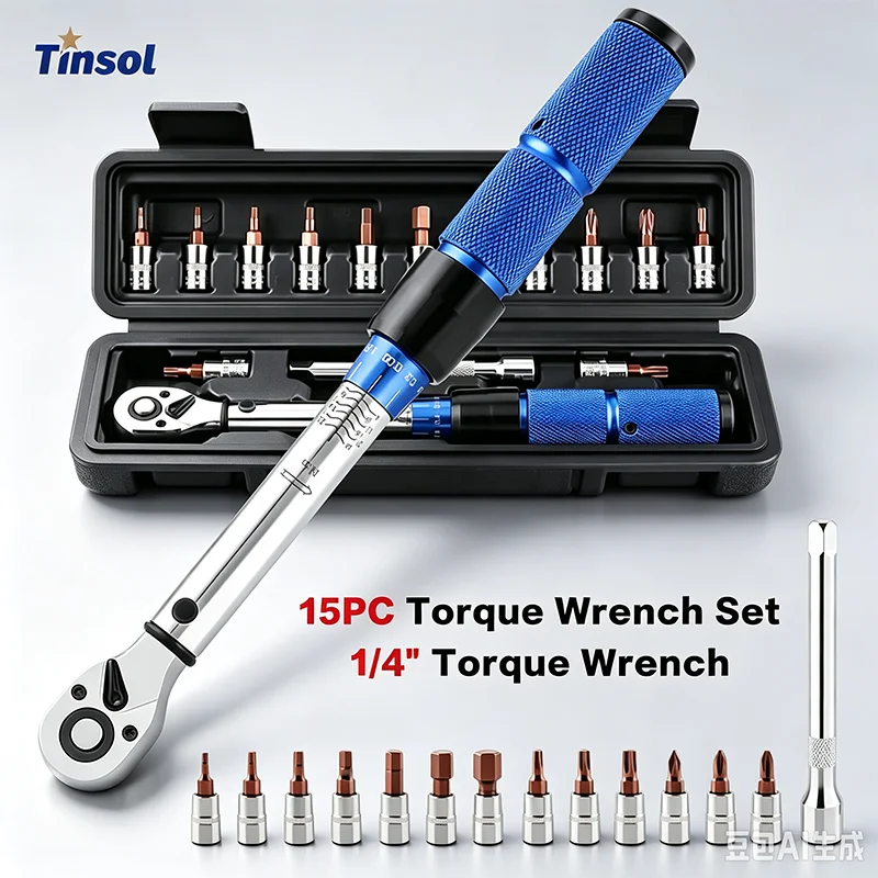TINSOL 15PC Adjustable Torque Ratchet Wrench 1/4 Inch Bi-Directional Bike Hex Socket Preset Wrench Motorcycle Repair Tool