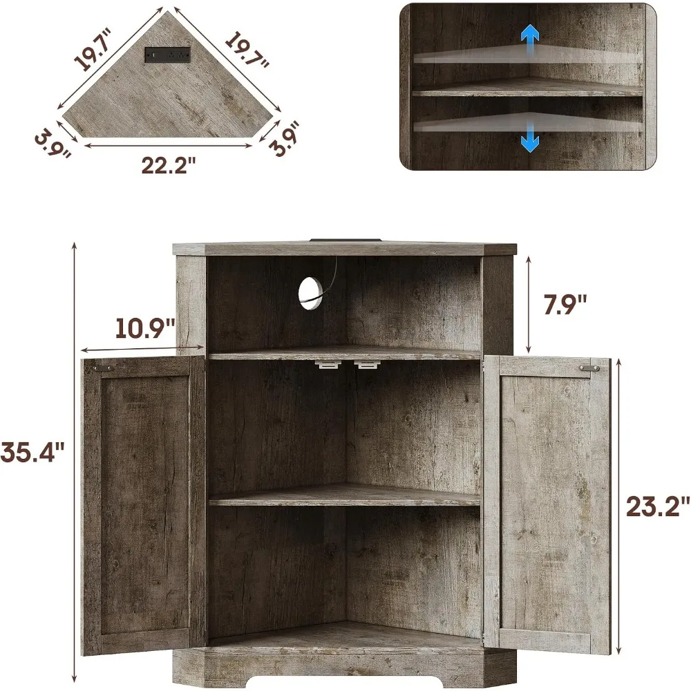 Vabches Farmhouse Corner Cabinet with Charging Station, Grey | Small Corner Storage Cabinet, Barn Doors, Adjustable Shelves, For Living Room, Bathroom, and Kitchen