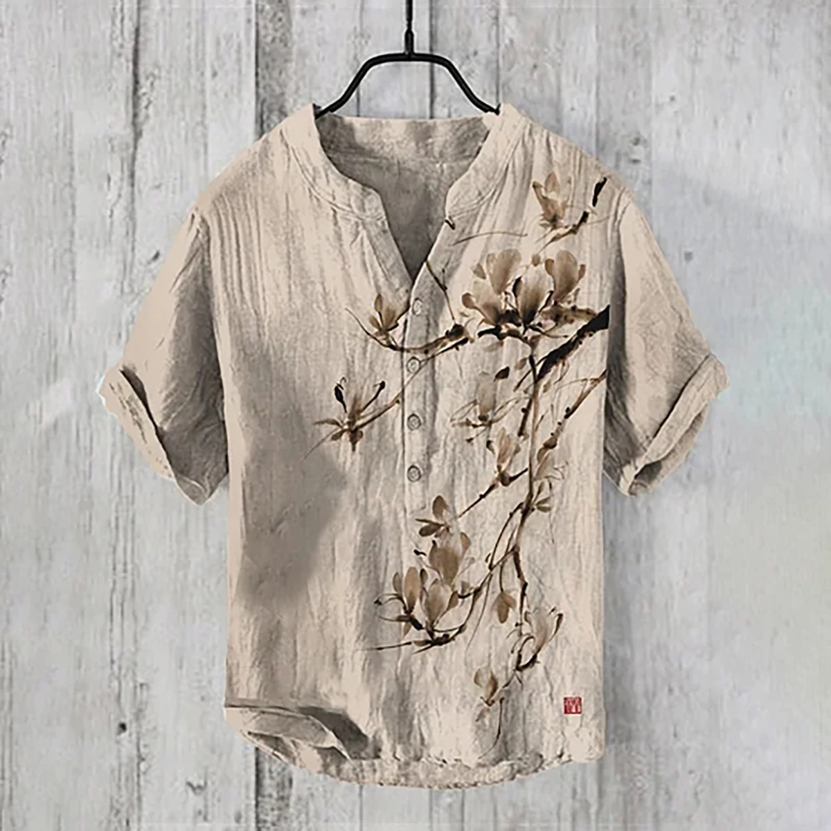 Camisa masculina manga curta de linho, estampa flor de ameixa, decote em v na moda, camisa casual solta e confortável, S