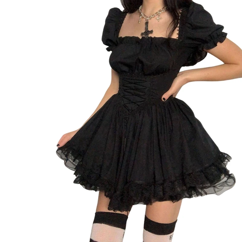 Women’s Sweet Puff Sleeve A-line Dress Summer Fairycore Lolita Solid Color Bandage Lace Trim Short Dresses for Halloween Party