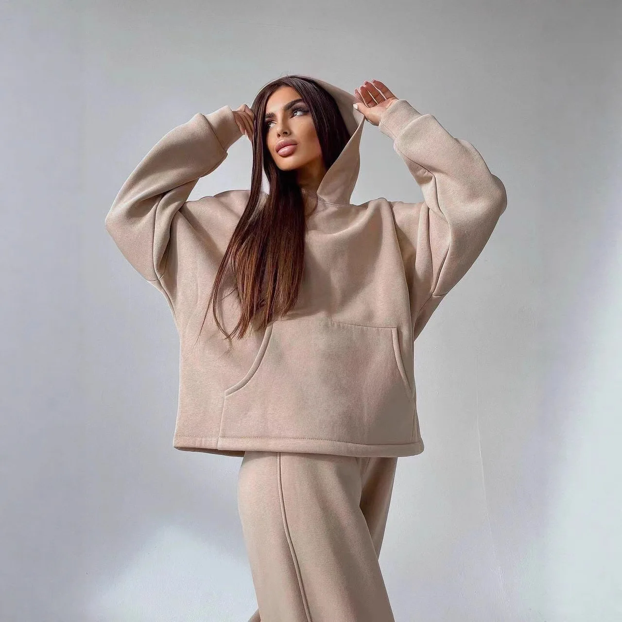 2025, neue Herbst Winter Mit Kapuze Tasche Lose Sweatshirt Set Frauen Multi Farbe Optionen Casual Sport Zwei Stück Outfit