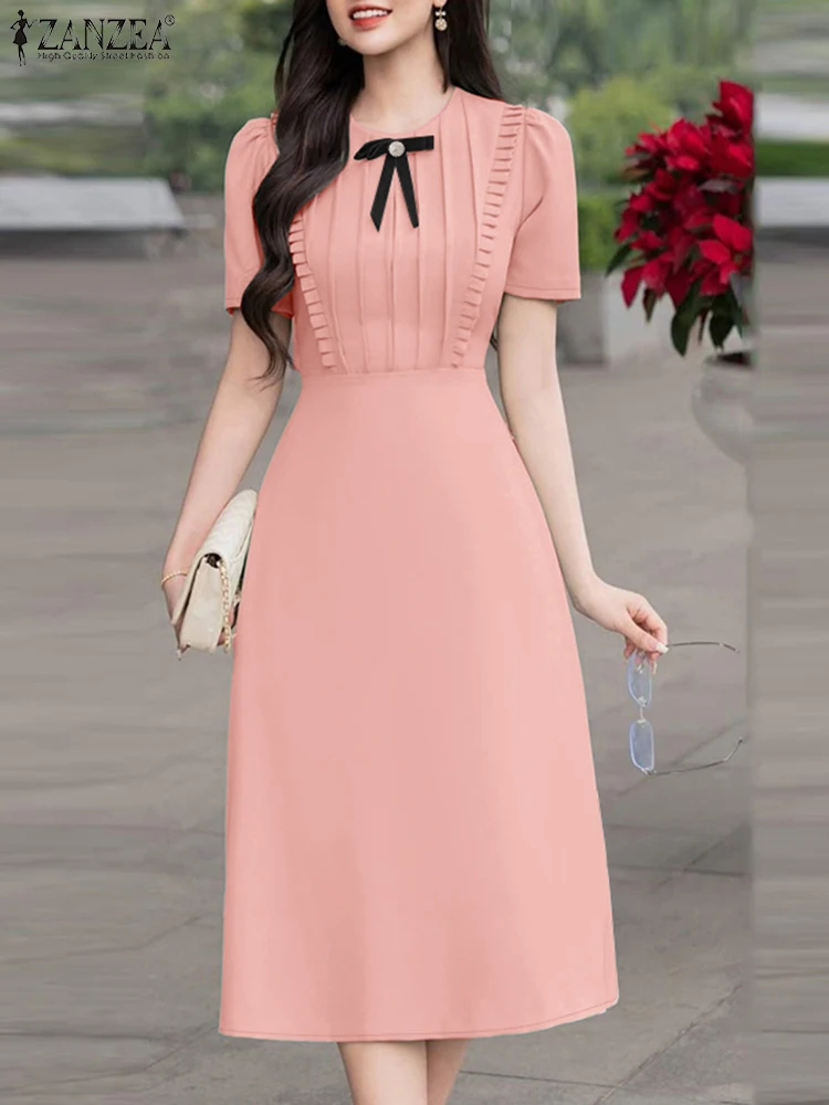 فساتين ZANZEA النسائية الأنيقة على شكل حرف a على شكل حرف a موضة صيف 2025 برقبة دائرية وأكمام قصيرة مكشكشة وتفاصيل فيونكة ميدي رداء نسائي
