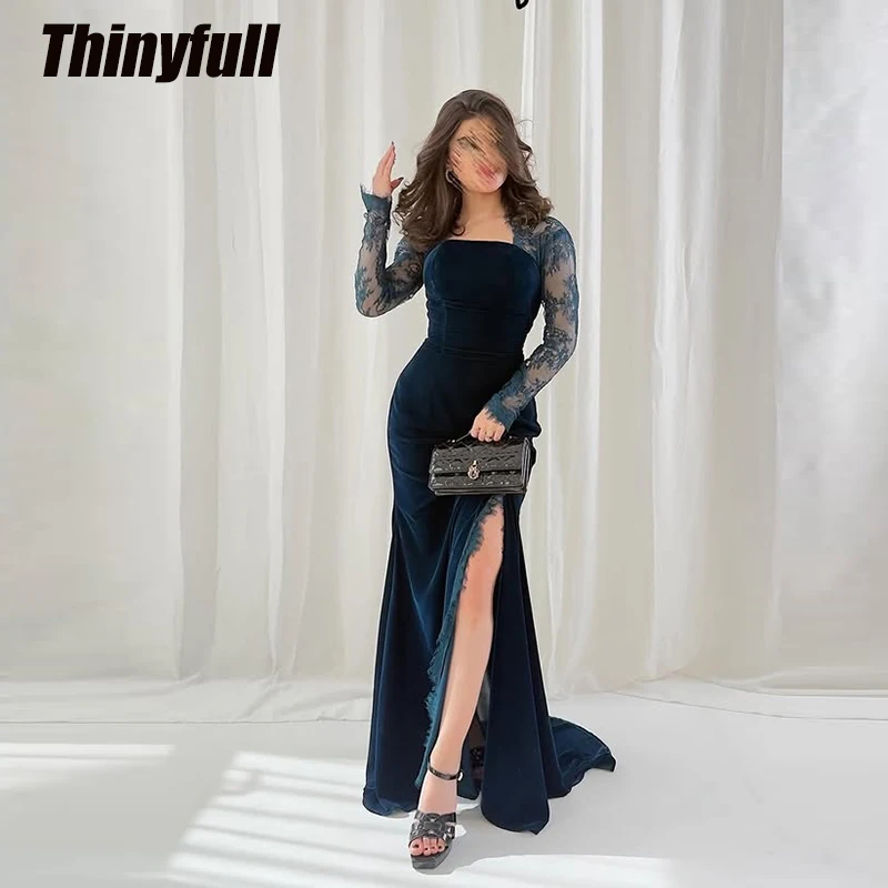 Thinyfull Mermaid Velvet/Lace Prom Dresses Full Sleeves Arab Evening Dress 2026 Long Formal Gown Robe De Soirée Customized