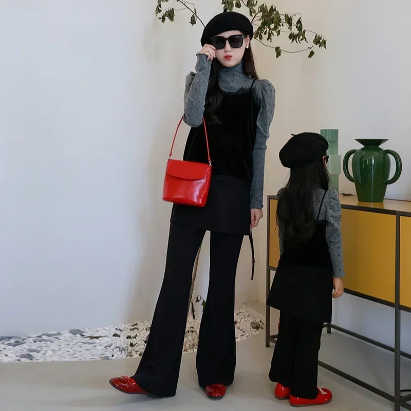 Mom and Baby Girl Elegant Matching Outfit Mother Daughter Equal Clothes Mummy and Me Velvet Vest Long Sleeve Pullover Pants Sets image 5