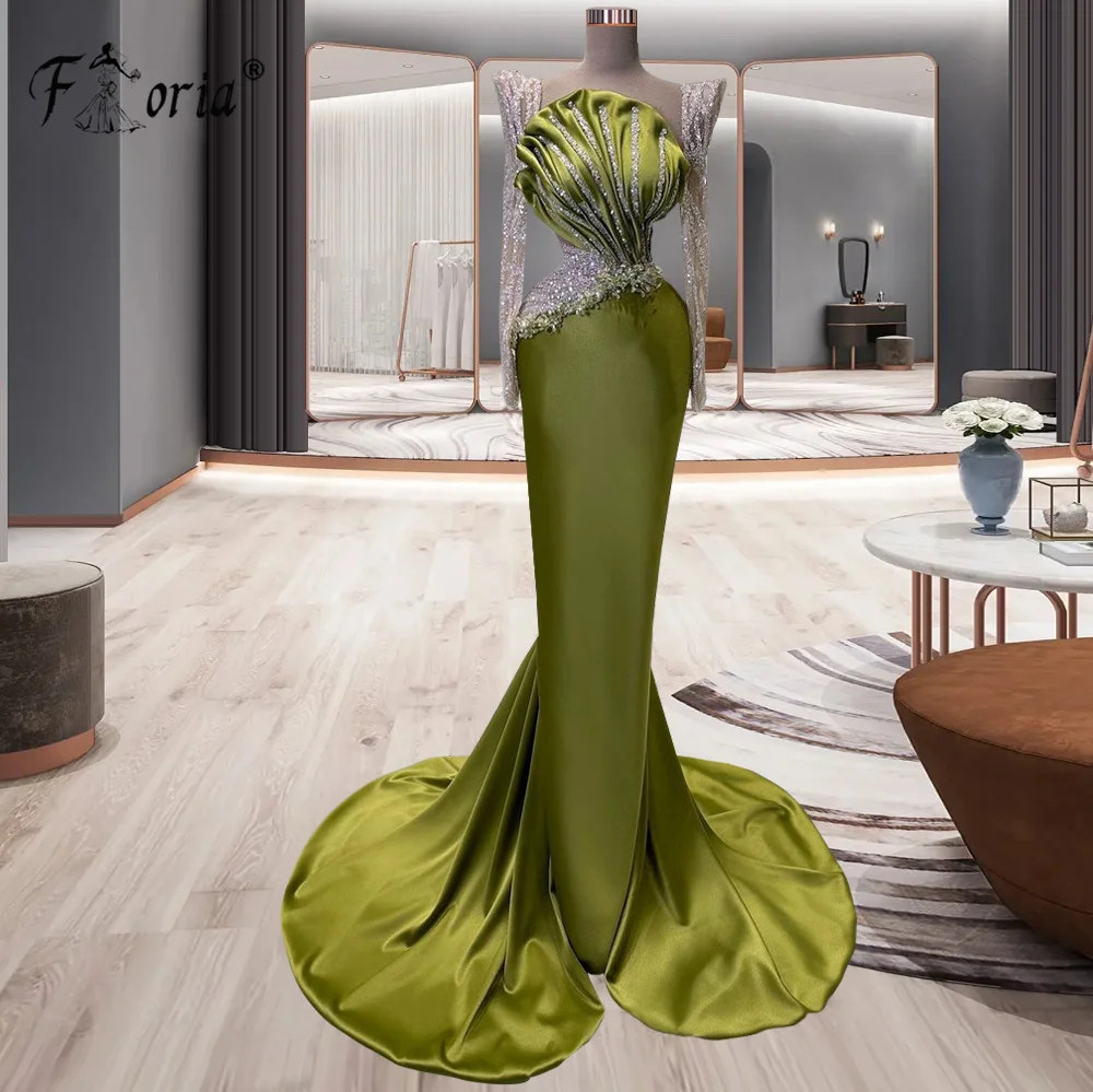 

Green Satin Long Sleeves Elegant Mermaid Prom Dresses Beaded Sequin Pleated Evening Dress Couture Celebrity Party Ceremony Gowns