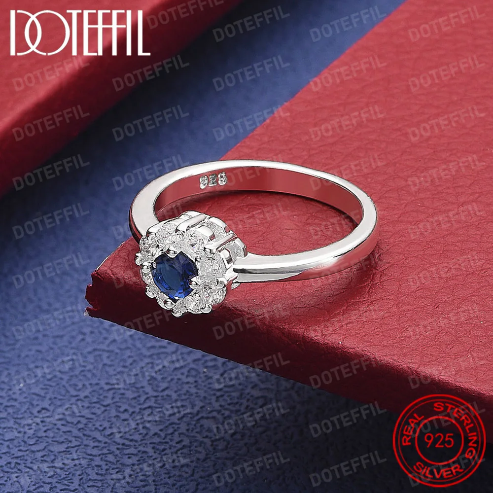 

925 Sterling Silver Bule Round AAA Crystal Ring For Women Man Fashion Wedding Engagement Party Charm Jewelry