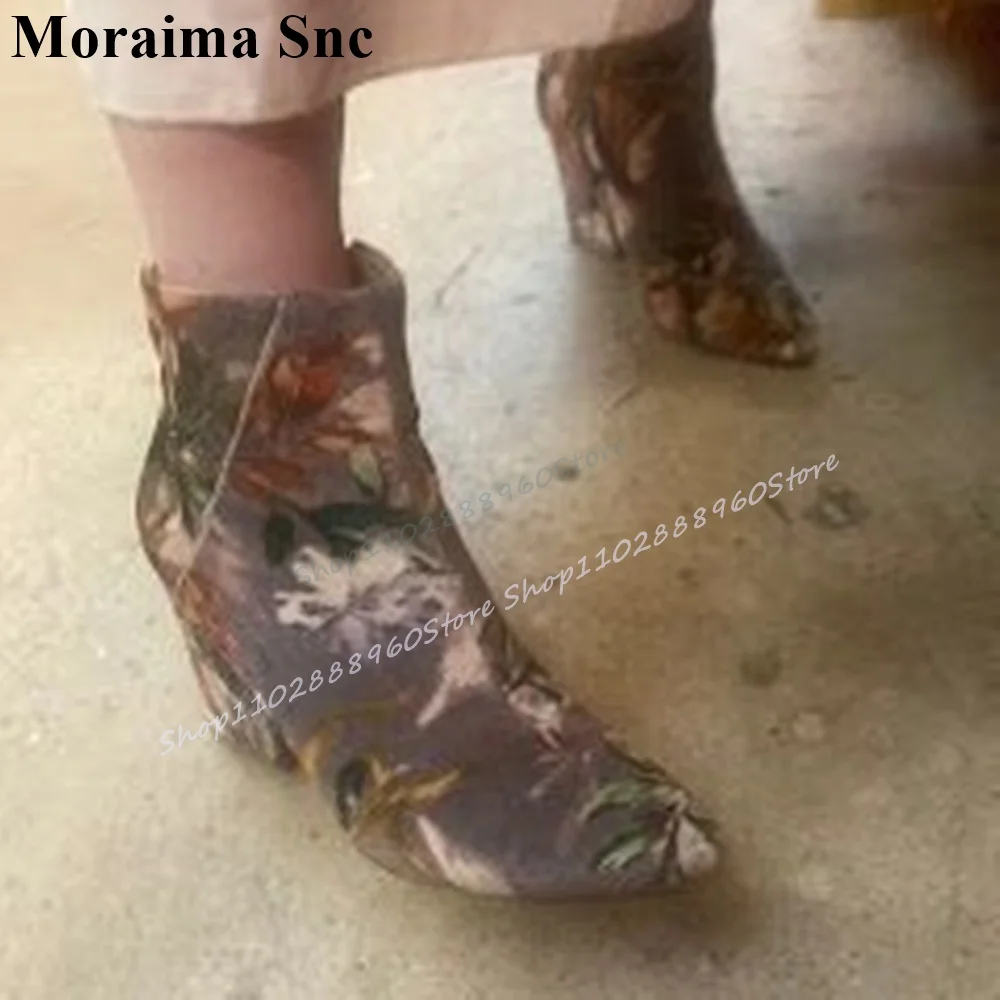 

Stylish Mixed Floral Luxury Ankle Boots Chunky High Heel Women Shoes Side Zipper Pointed Toe 2025 Fashion Zapatos Para Mujere