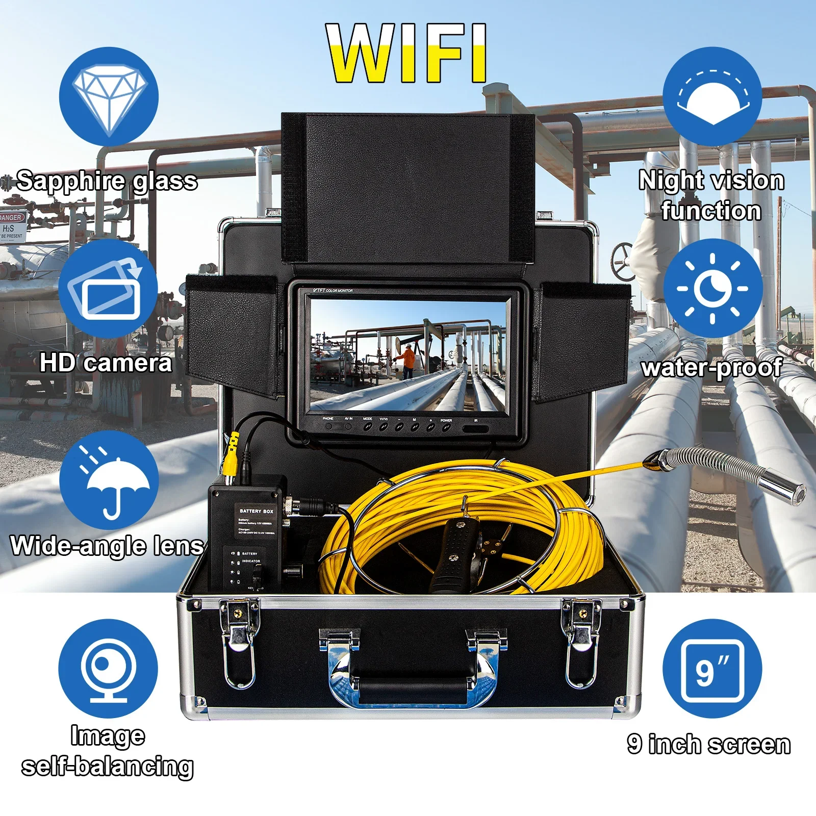 

WP90F Pipe Inspection Camera System Drain Sewer Pipeline 23mm Industrial Endoscope 9inch Plumbing Snake 1200 TVL Support WiFI