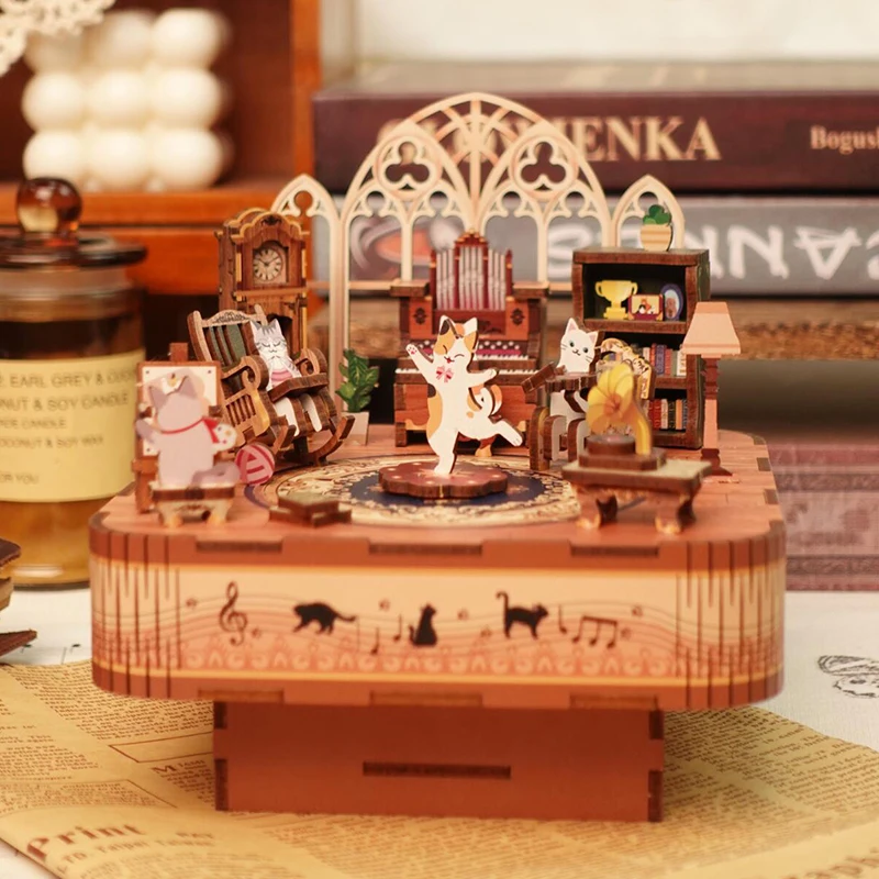 

DIY 3D Wooden Cat's Dancing Party Music Box Miniature Model Kits Jigsaw Puzzles Can Move for Children Birthday Gifts Home Decor