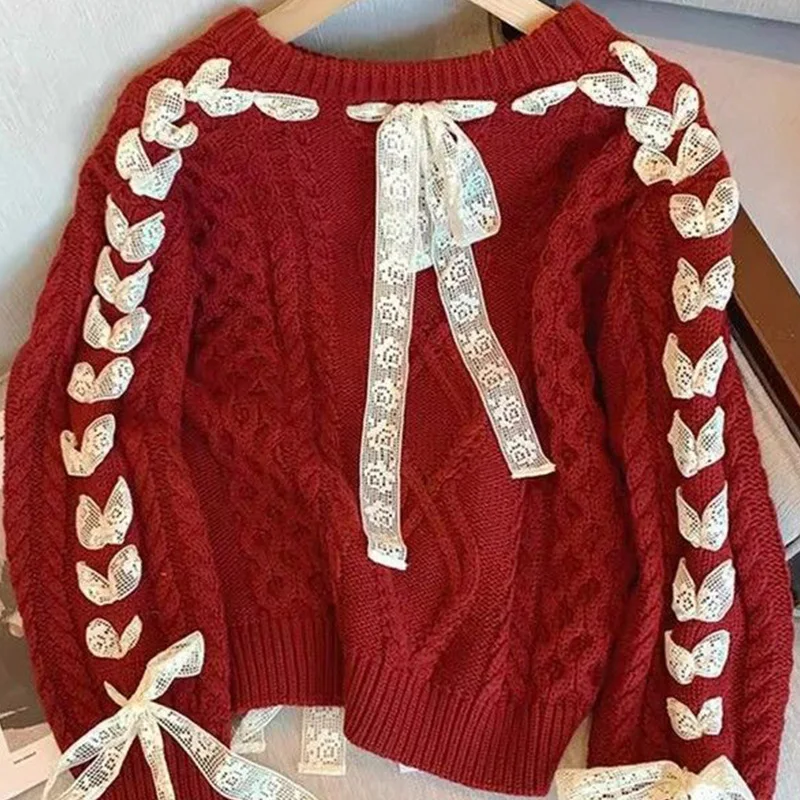 Autumn Winter New Christmas Red Knitting Sweater Women Clothes Fashion Patchwork Lacing Bow O-neck Long Sleeve Pullovers Femme