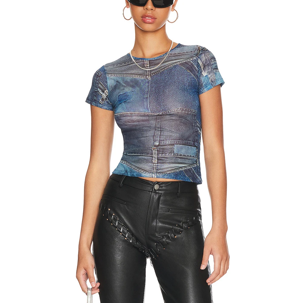 Women's Faux Denim Printed T-shirt, Round Neck, Short Sleeve, Sexy, See-through Mesh, Thin Tees Top, Spring/ Summer,  Y2k, 2024