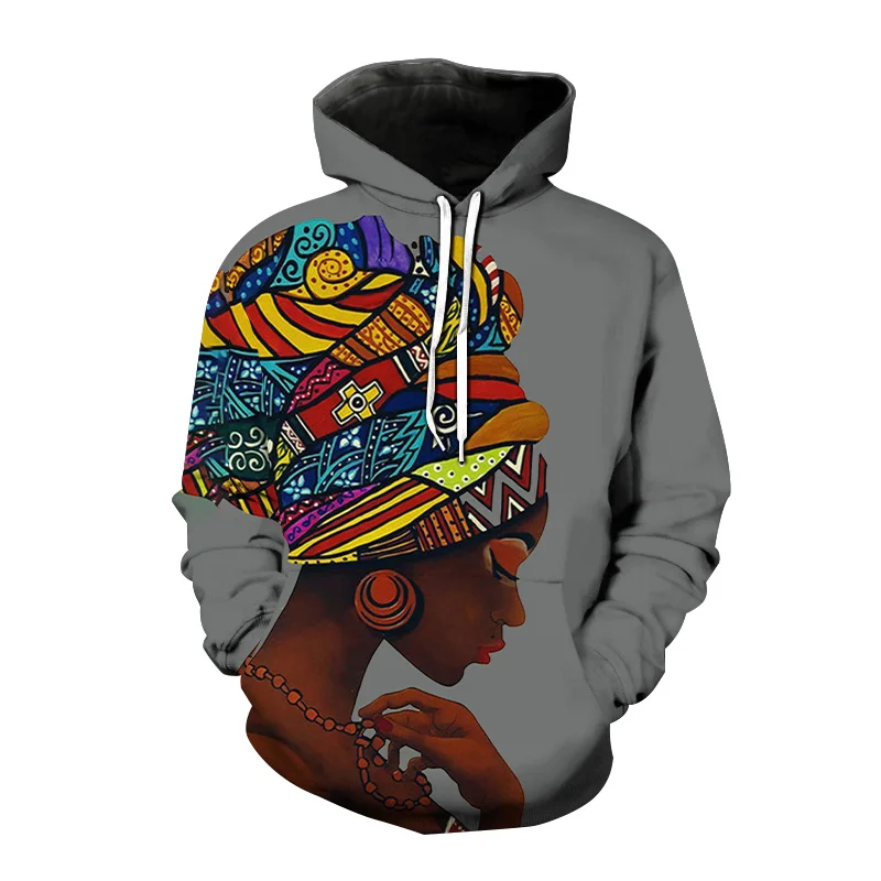 Hoodies com padrão feminino negro africano, moletom casual solto impresso em 3D, ao ar livre, tendência da moda, homens, mulheres, primavera, outono