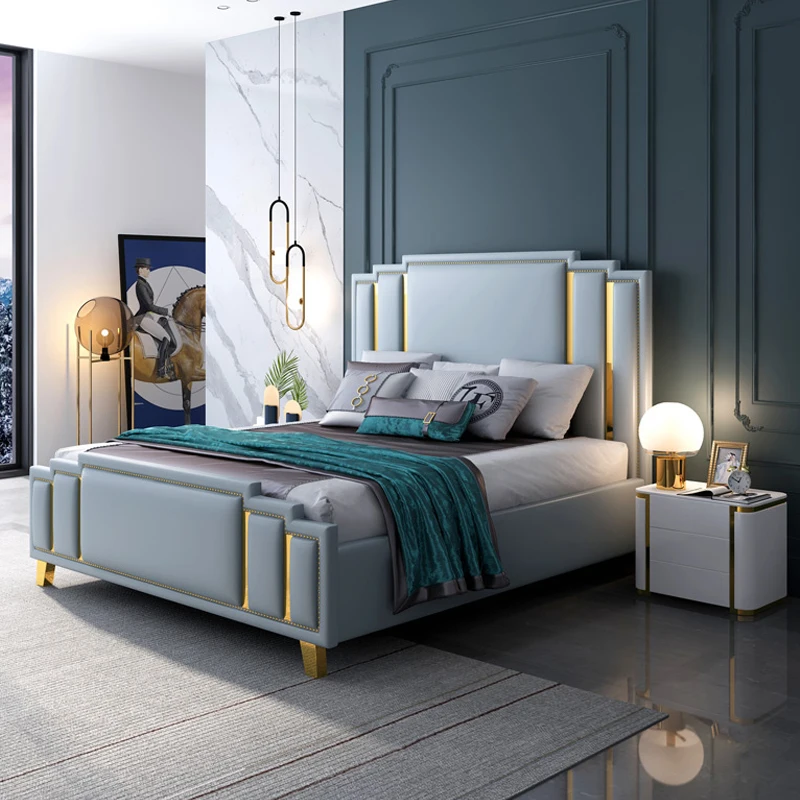 

⁕yLuxury Bedroom Furniture Modern Wooden Headboard Queen Soft Bed Stainless Steel King Size Double Bed