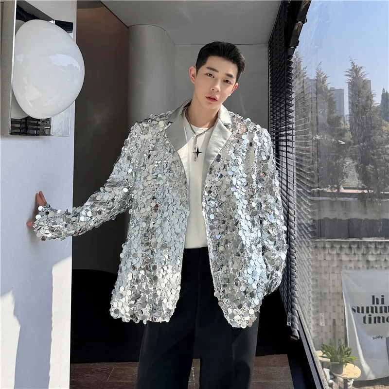 Korean Men\'s Sequins Blazer Jackets Party Performance Singer Stage Shiny Clothing Black Silver Oversize Suit Coat Man