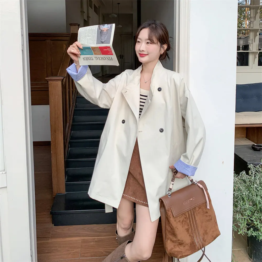 

SuperAen Korean-style Striped Patchwork Long-sleeved Double-breasted Trench Coat Women Spring and Autumn 2026 New Elegant Coats