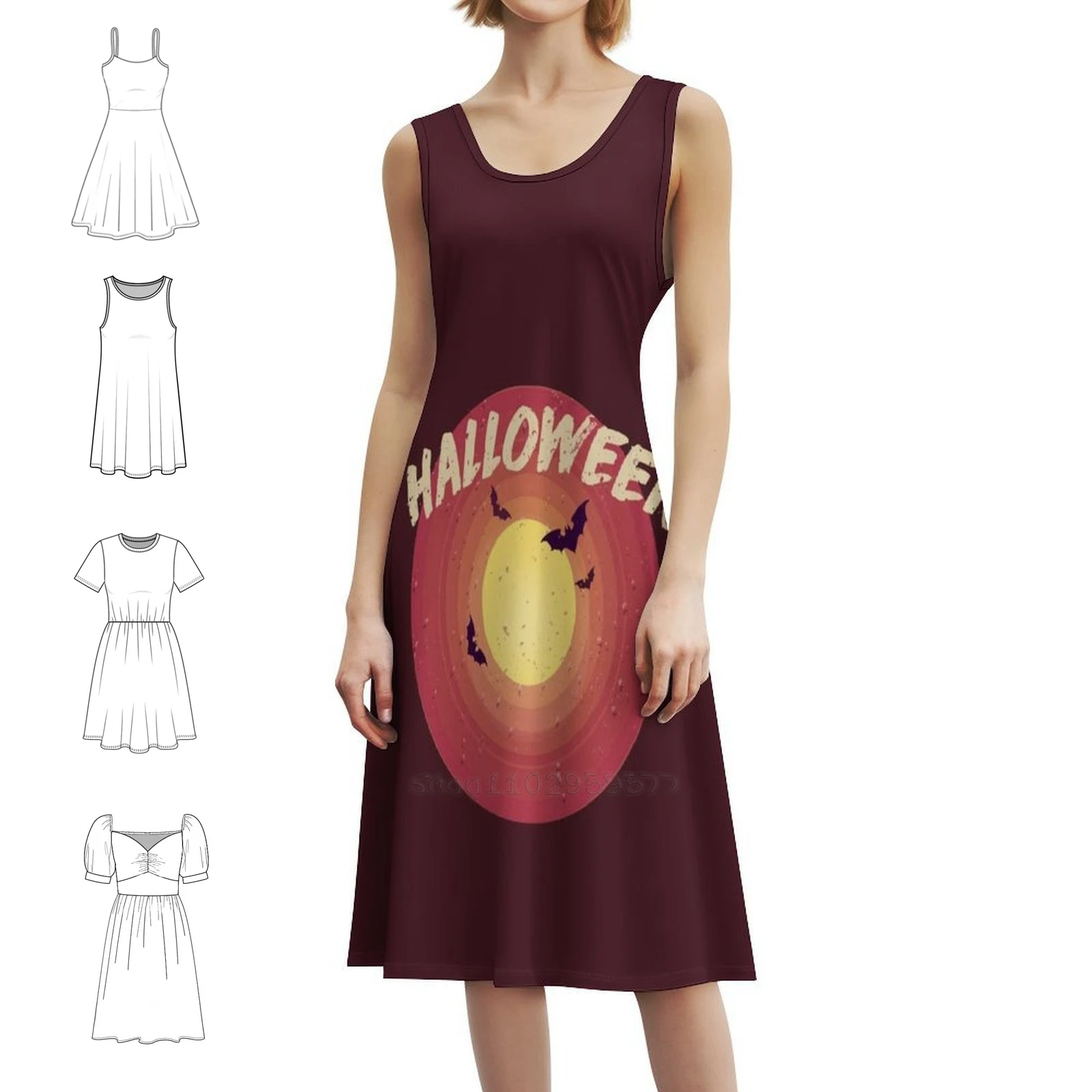 

Halloween Sunset And Bats. Halloween Costume Retro Sexy Vacation Dress For Women Beach Party Birthday Mini Dress Halloween