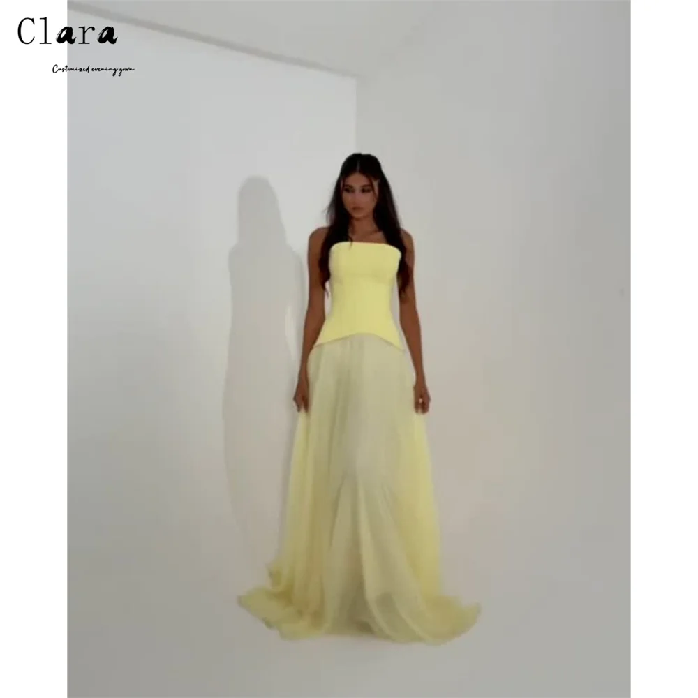 Clara personalizado amarillo una línea tubo superior sin tirantes vestidos de baile vestidos de lujo 2025 mujer vestido de noche de lujo vestido largo de fiesta de las mujeres