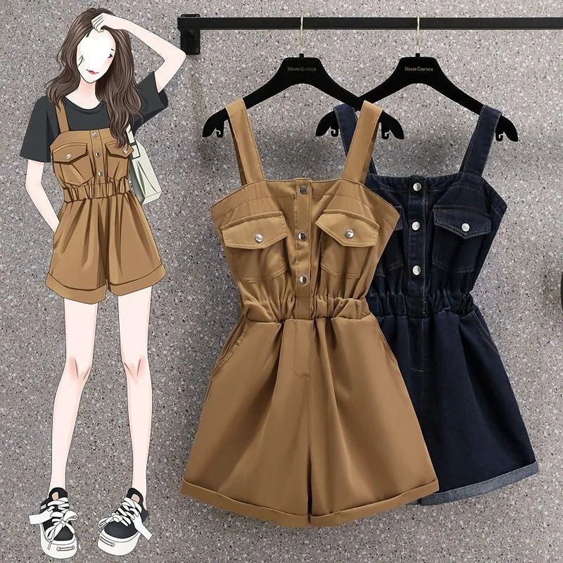 

plus Size Women's Faionable Summer Denim One-Piece Pants High Waist Slimming Waist Cinch Lazy Strap Jumpsuit for plus Size