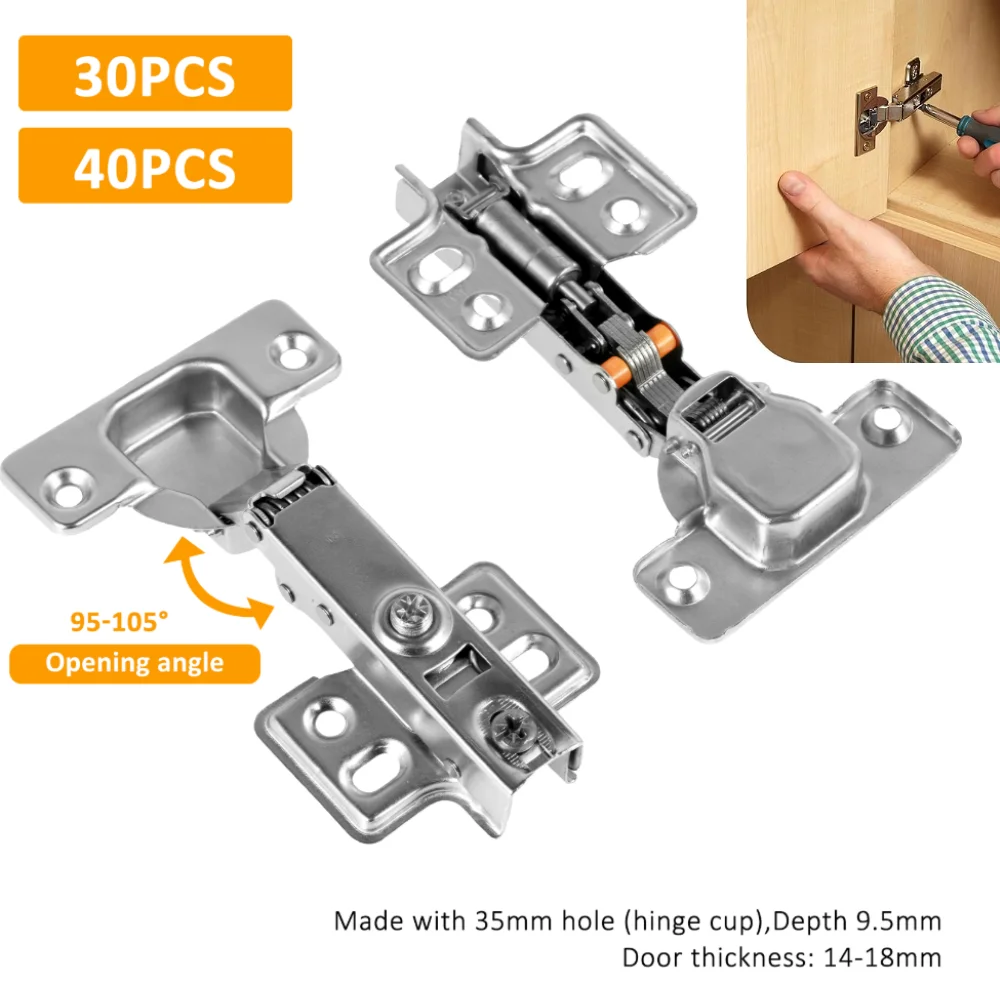 

40PCS Hinges Cold Rolled Steel Hydraulic Door Hinge Damper Buffer Soft Quiet Closing 95-105° Open Angle for Cupboard Furniture