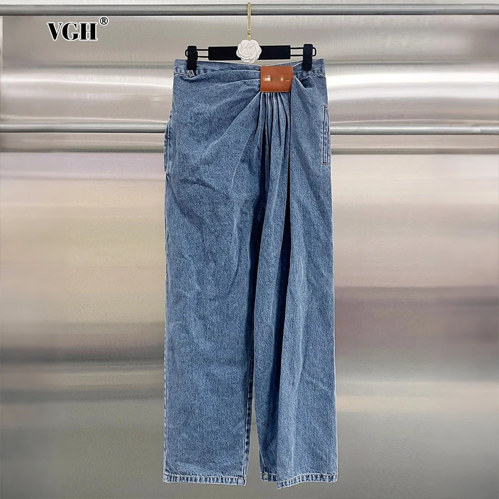 

VGH Solid Color Basics Baggy Jeans for Women High Waist Patchwork Irregular Folds Temperament Wide Leg Trousers Female Fashion