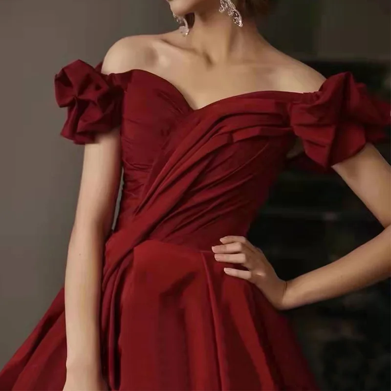 Off Shoulder Bridal Wedding Dress Burgundy Female Formal Party Dress Qipao Banquet Retro Princess Dress Sexy Maxi Dress