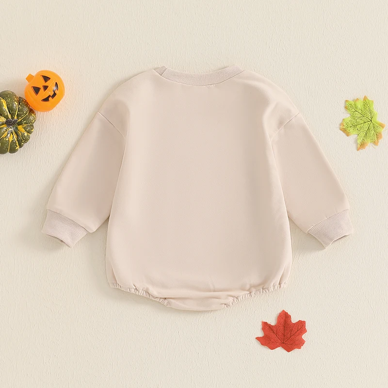 Romper Halloween bebê com abóbora carta bordado, camisola gola redonda, macacão manga longa