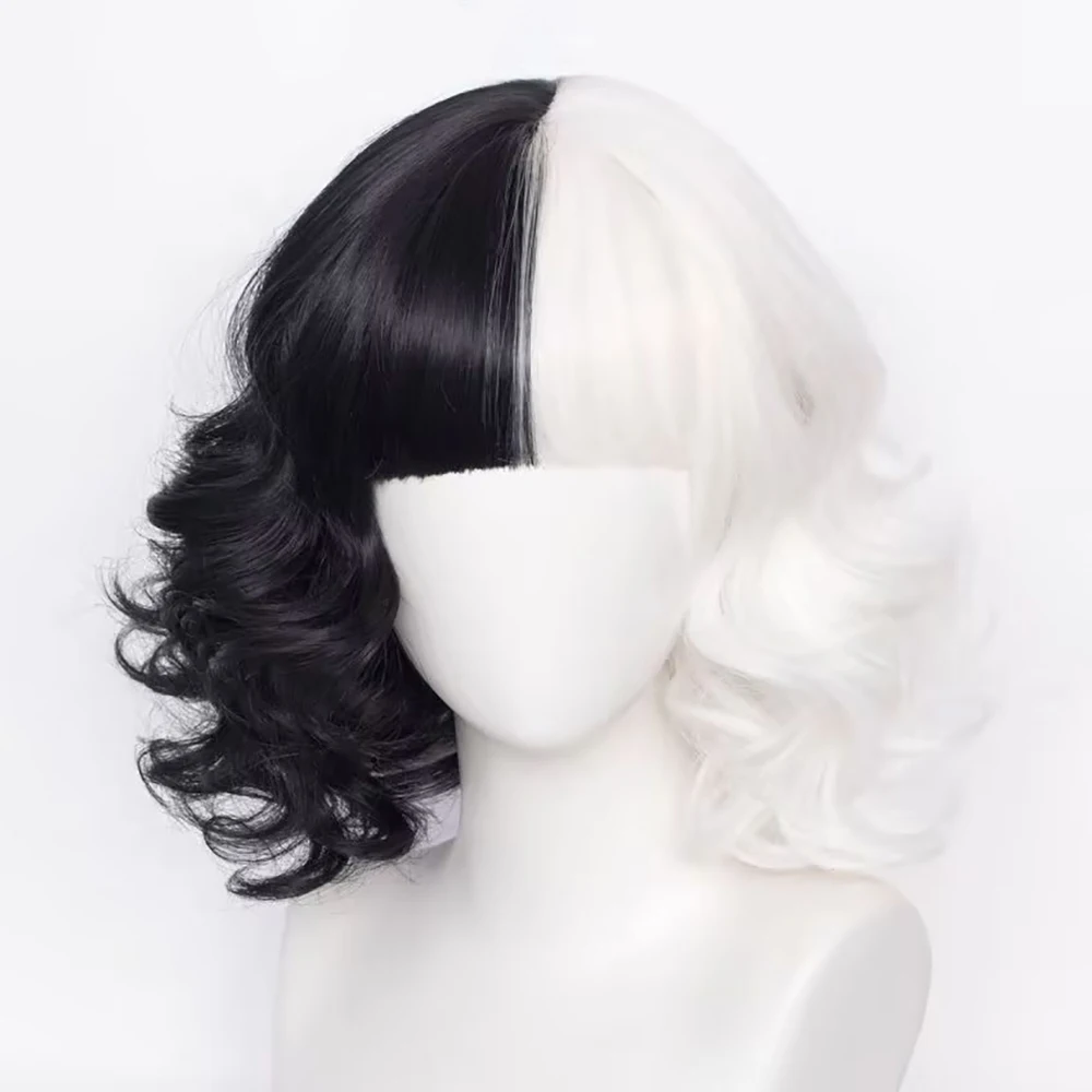 Halloween Everyday Party Heat-Resistant Synthetic Fiber Wig Short Curly Black-and-White Cruella the Witch Character Wig
