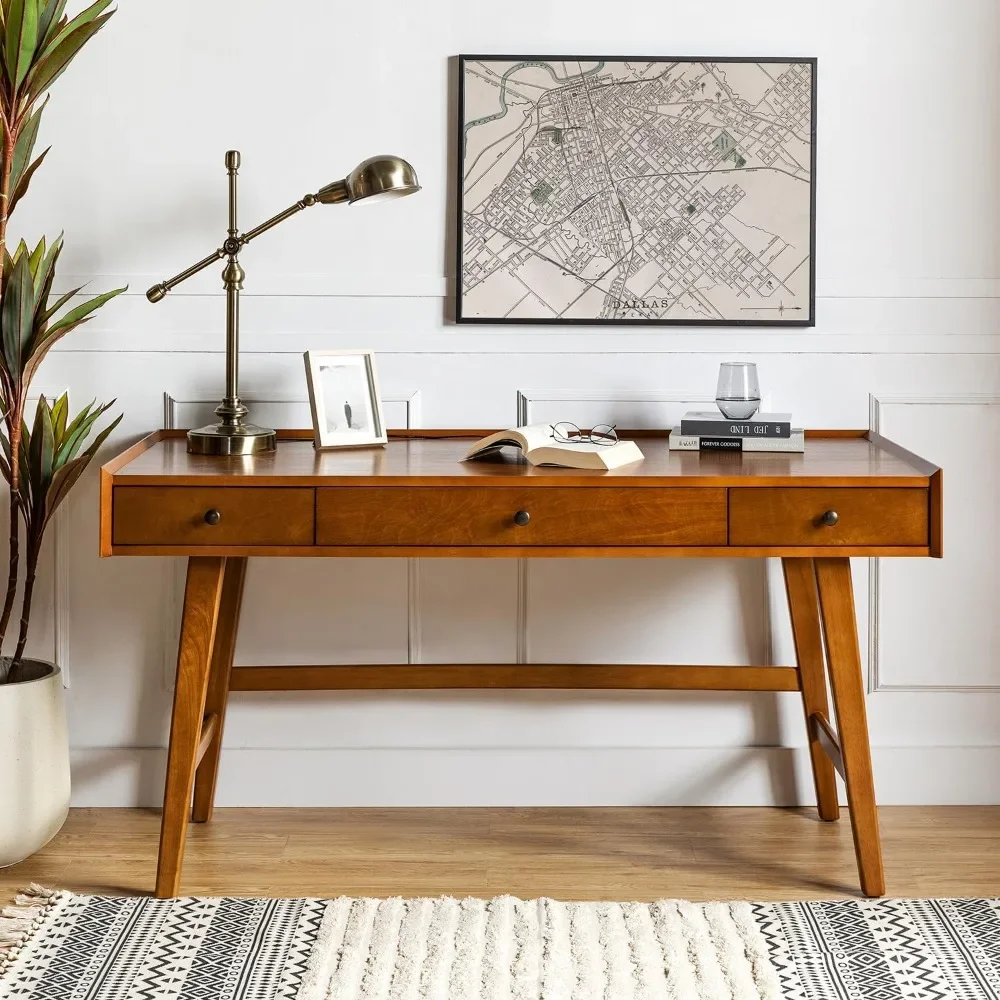 

Home Office Desk with 3 Drawers & Solid Wood Legs| Writing Table with Charging Station & Cable Management|Mid Century Modern