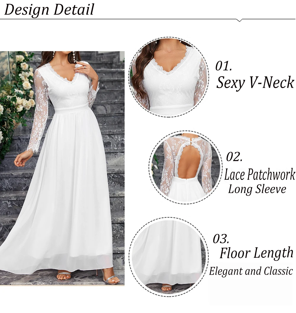 VITRCHP Beach Long Dresses For Women Women Floral Lace Maxi Dress Long Sleeve V Neck Bridesmaid Wedding Evening Summer Dress