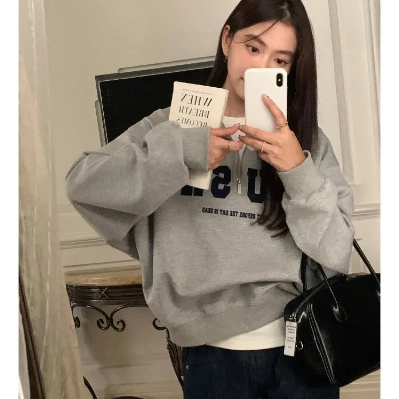 Gray Zipper Sweatshirts Women Vintage Korean Fashion Casual Cropped Pullovers Preppy Style White Oversized Hoodies Chic