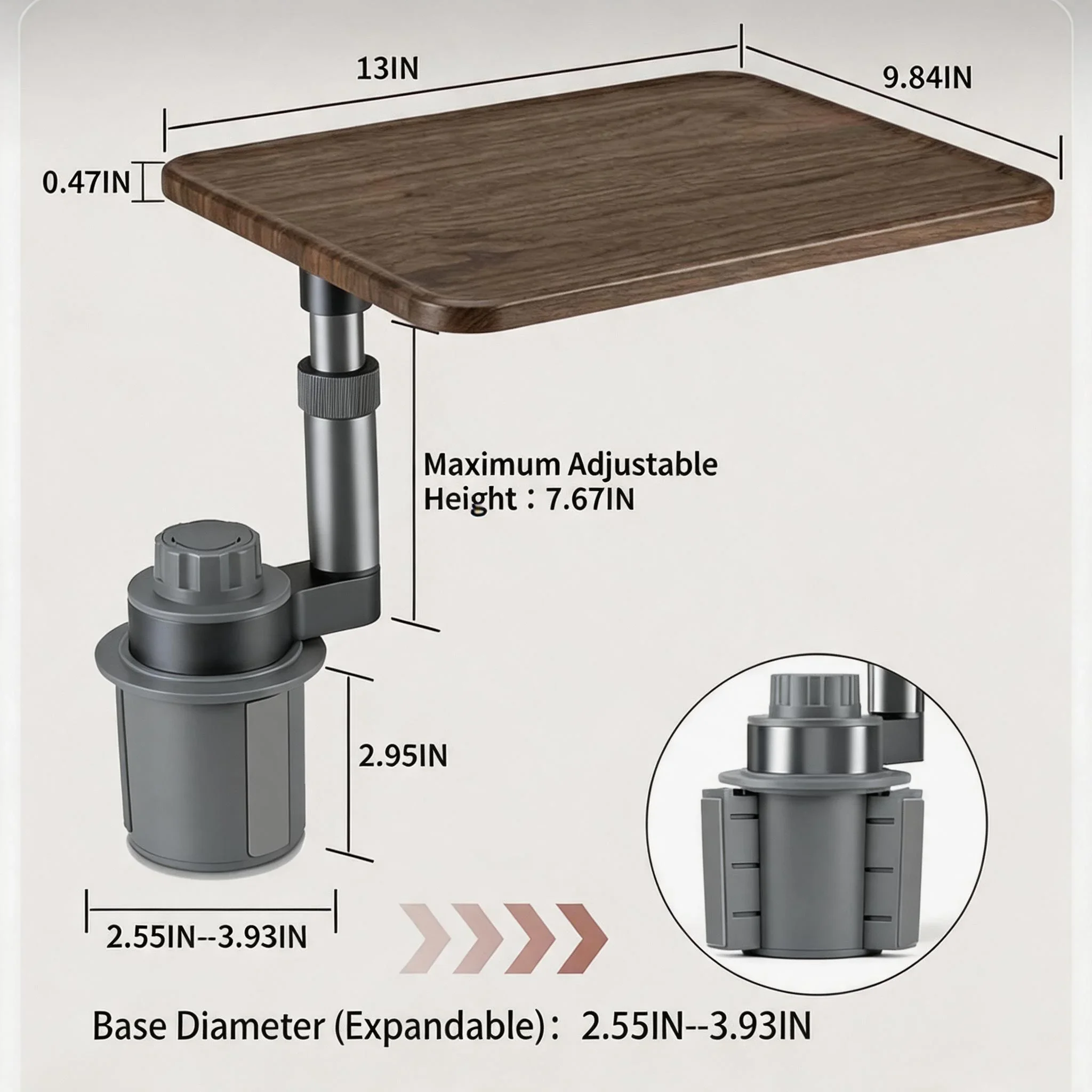 360° Rotating Height-Adjustable Car Laptop Desk Solid Wood Magnetic Alloy Arm Portable Workstation Dinner Table for Car SUV Van