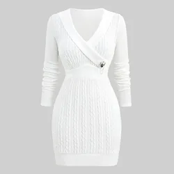 ROSEGAL Plus Size Women's Sheath Dresses 5XLWhite Turn Down Collar Cable Knit Sweater Bodycon Dress With Vintage Chains Brooch