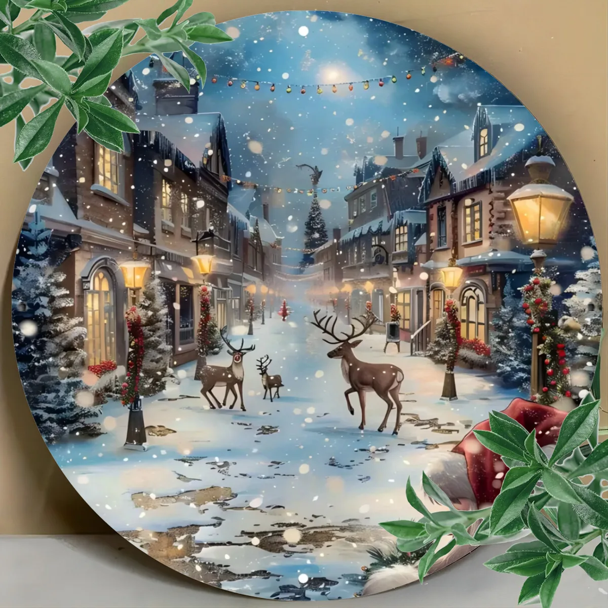 علامة معدنية لعيد الميلاد مقاس 8 × 8 بوصات - مشهد شارع سانتا والرنة، ديكور حائط حديدي مستدير للمنزل، البار، المرآب، النادي، المطعم، #5