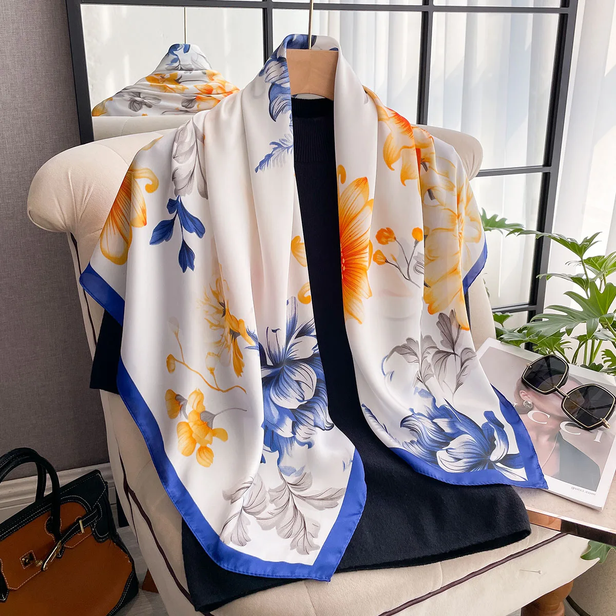 90*90cm Women Scarf Silk Feeling Hair Neck Square Brand Office bandanna muffler Waiter Flight Attendants Handkerchief Rings wrap