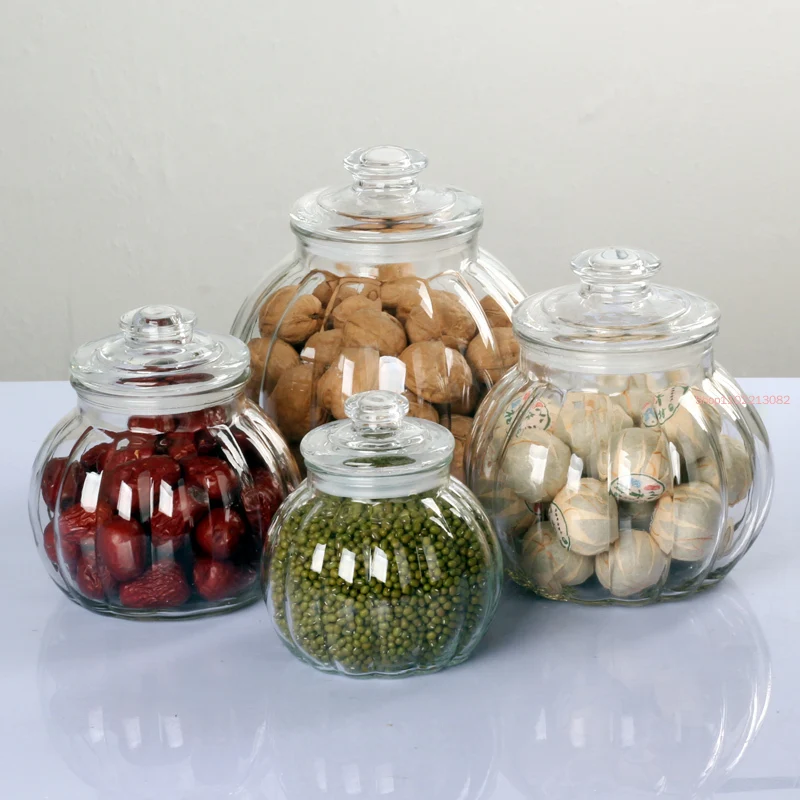 Vertical Pattern Glass Sealed Jar Candy Glass Jar Pumpkin-shaped Tea Tin Moisture-proof Storage Bottle Honey Lemon Storage Jar