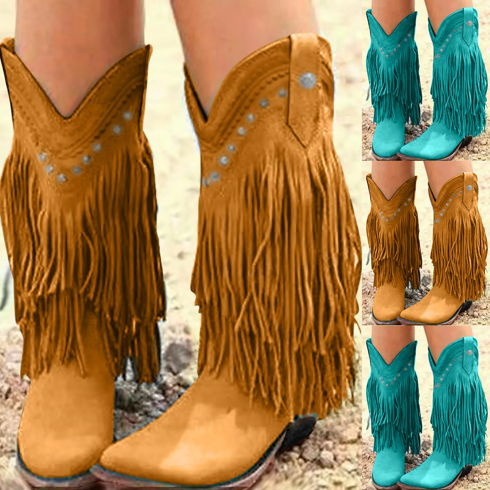 Moda Kobiety Retro Ethnic Western Cowboy Boots Block Medium Heels Tassel Fringe Kneehigh Boots Lady Winter Shoes Large Size 45