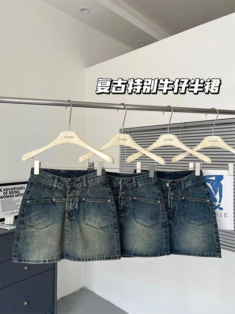 

Woman Denim Skirt Casual A-line Skirt Low Waist Mini Wash Knee Length Pockets Patchwork Vintage Chic All-match Gyaru Clubwear