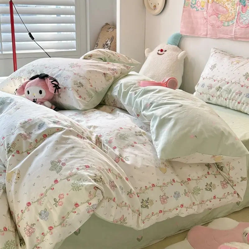 Floral Style Duvet Cover Set with Flat Sheet Pillowcases Fashion Ins Queen Full Size Girls Fall Spring Cute Bedding Set