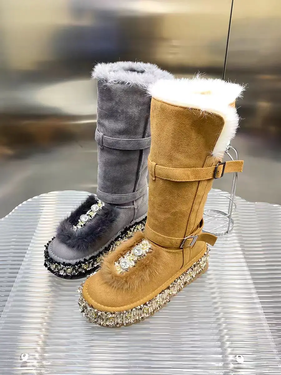 

Роскошные утепленные зимние сапоги с водным бриллиантом и жемчугом, цельные женские хлопковые туфли на толстой подошве с высоким берцем, размеры 35-40