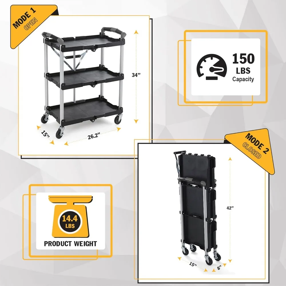 Collapsible Folding Service Cart with 150LB Capacity, Portable Tool Organizer for Garage and Home Use
