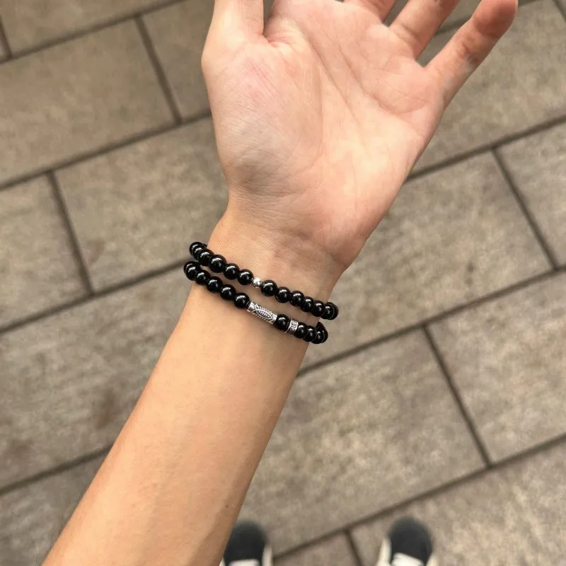 Natural Black Obsidian Double Layer Beaded Bracelet For Men Women Good Luck Fish Design Couple Jewelry Elegant Gift