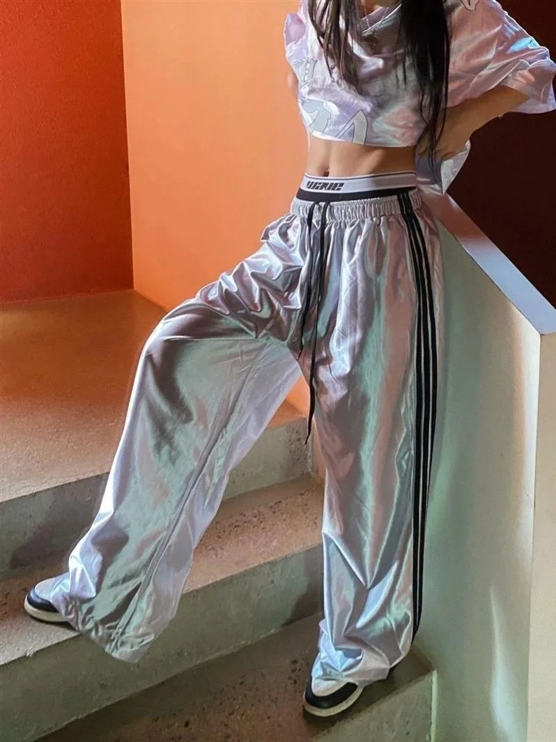 Letnia odzież uliczna Vintage Harajuku Błyszczące sportowe spodnie typu wide leg do skateboardingu Długie spodnie Spodnie do tańca ulicznego Damski sweter