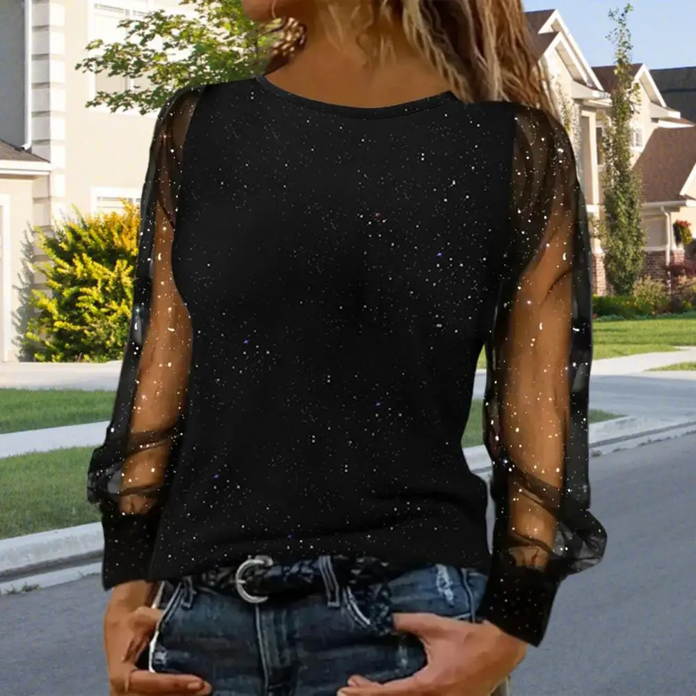 Shiny Rhinestones Ladies Shirt Sexy Net Cloth Stitching Sleeves Leisure Slimming T-Shirt Womens Clothes for Spring/Summer