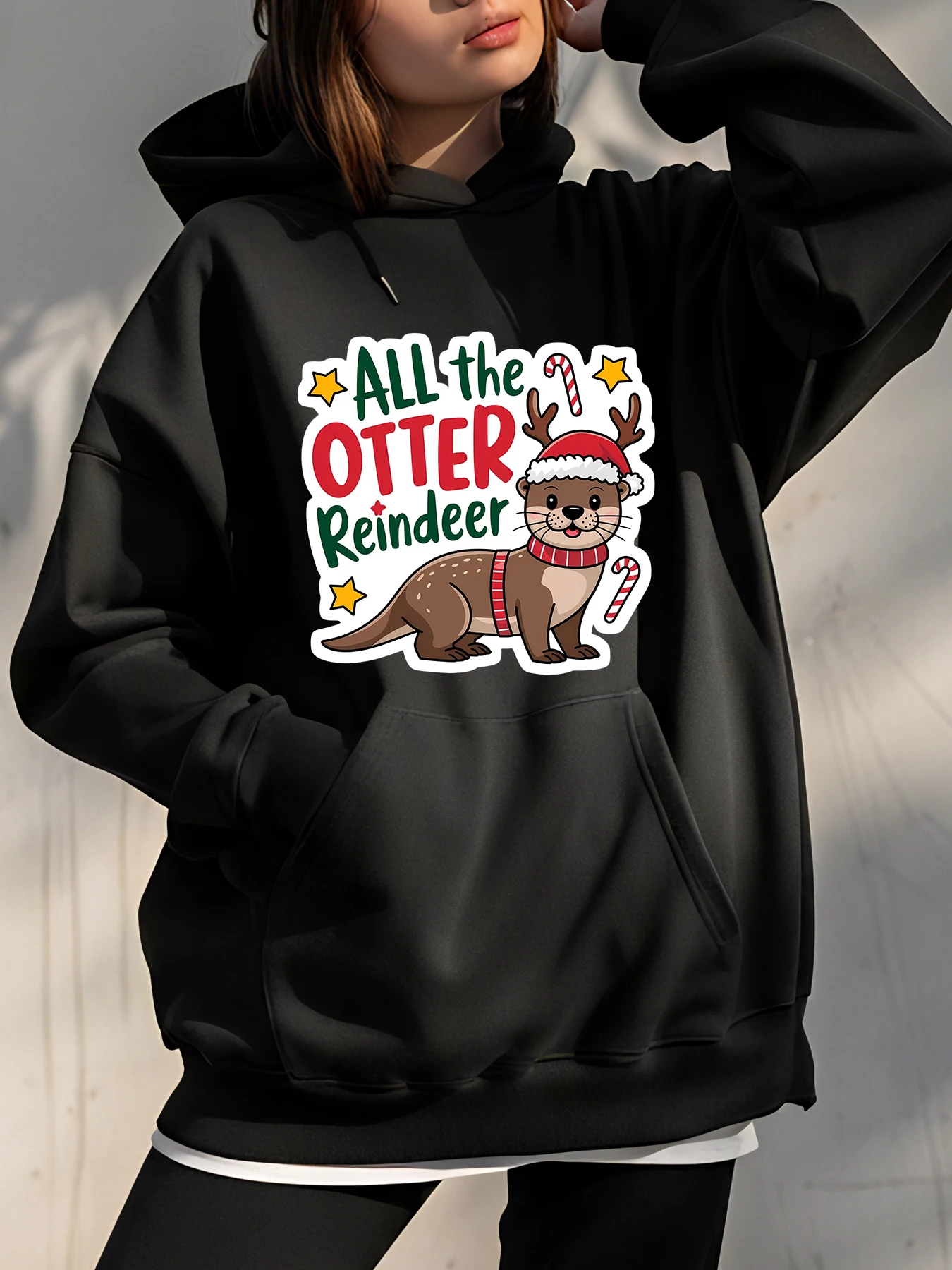 

Рождественская толстовка с капюшоном All the Otter с принтом оленей, милый животный дизайн, праздничная толстовка для женщин и мужчин, зимняя верхняя одежда унисекс