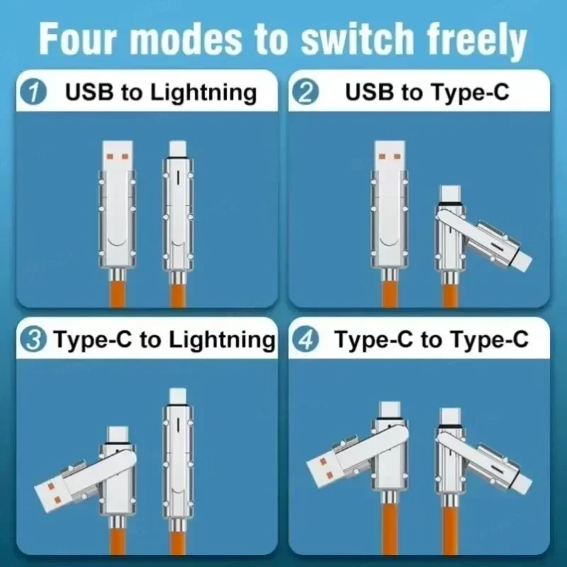 4-in-1 Charging Cable 100W Fast Charge Type C USB Dual Elbow LED Display Zinc Alloy Braided for Phone Gaming Universal