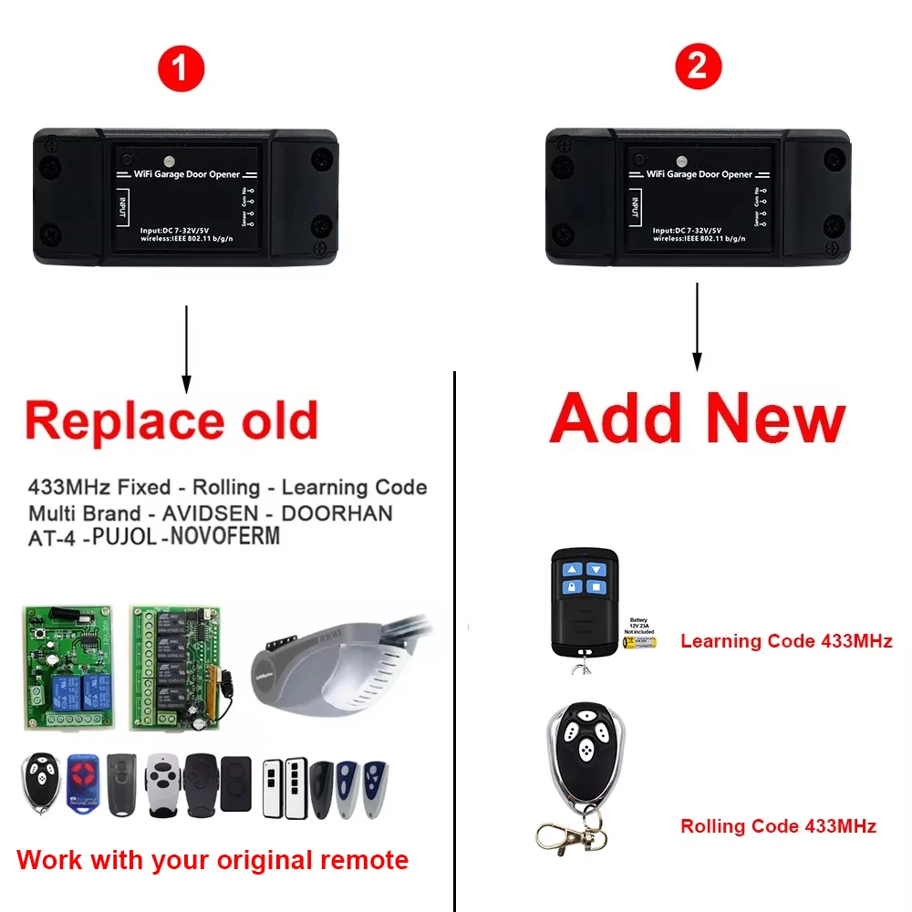 Smart Wifi Controller Garage Door Opener 433mhz Universal Fixed Rolling Code Remote Control Receiver ECOSTAR AT-4 ATA NOVOFERM