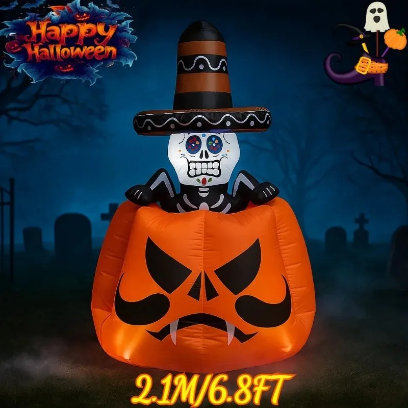 Juguete inflable de Halloween de 6,8 pies, esqueleto animado para hombre en la calabaza, inflable con LED integrados, decoración de jardín y patio al aire libre