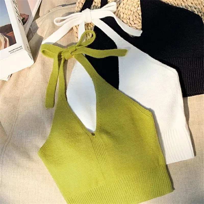 knitted vest camisole hanging neck backless toddler kids clothing 1 to 10 yrs Korean fashion clothes baby girls halter tank top