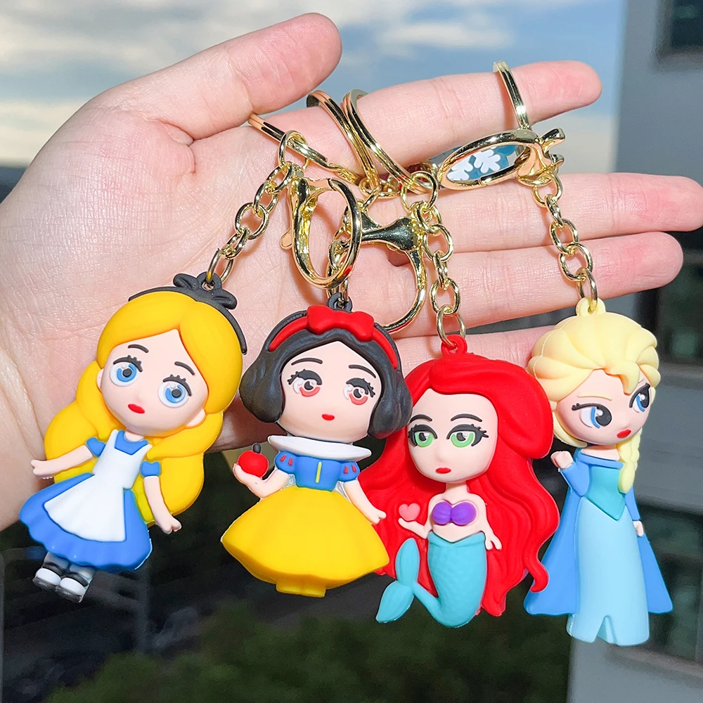 The Little Mermaid Princess Keychain Snow White Elsa Pendant Keychain Car Keyrings Mobile Phone Bag Hanging Jewelry Kids Gifts