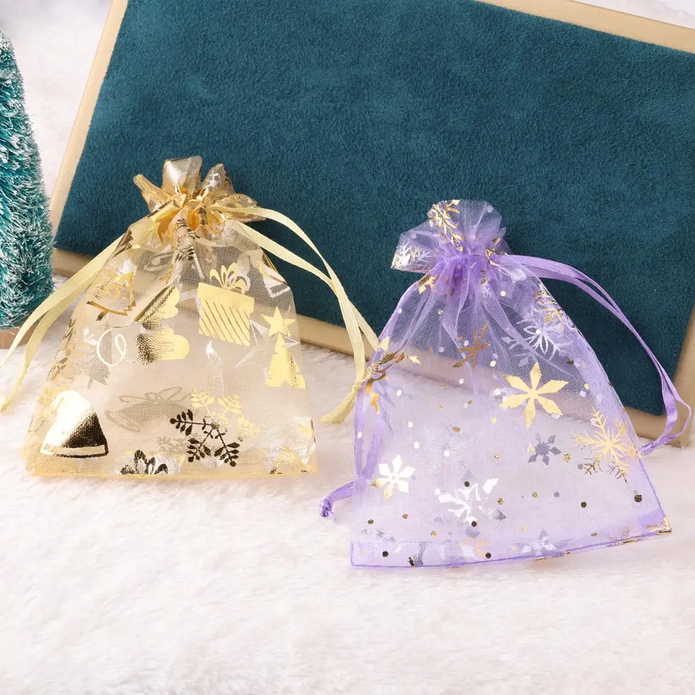 25pcs/lot 10x14cm New Gift Bag Organza Christmas Bag Gold Color Snowflake Prints Christmas Party Candy Bags Jewelry Packing